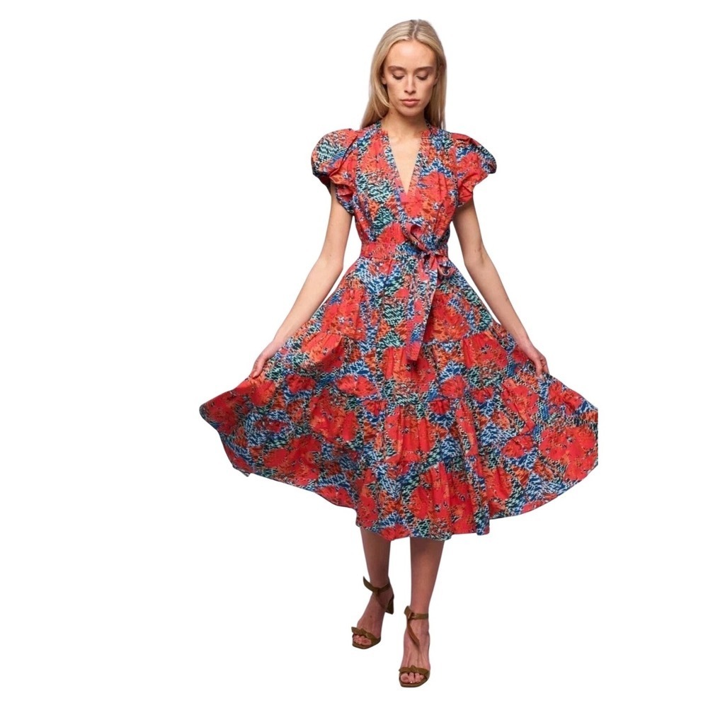 Ulla Johnson Ottilie Hypnotic Flamingo Cotton Midi Dress Puff Sleeve Coral Sz 0